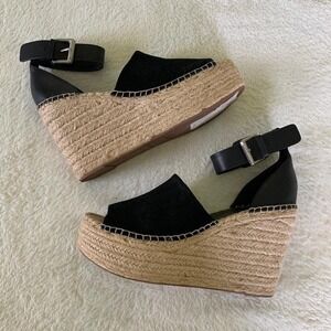 Women's 10 MARC FISHER Adalyn Black Suede Leather Espadrille Wedge Sandals